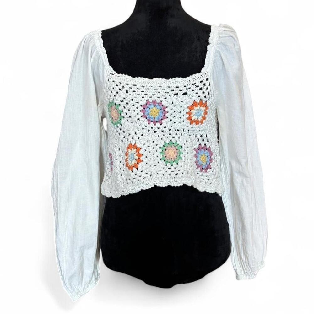 Y2K Cream Crochet Peasant Top – Boho Granny Knit L